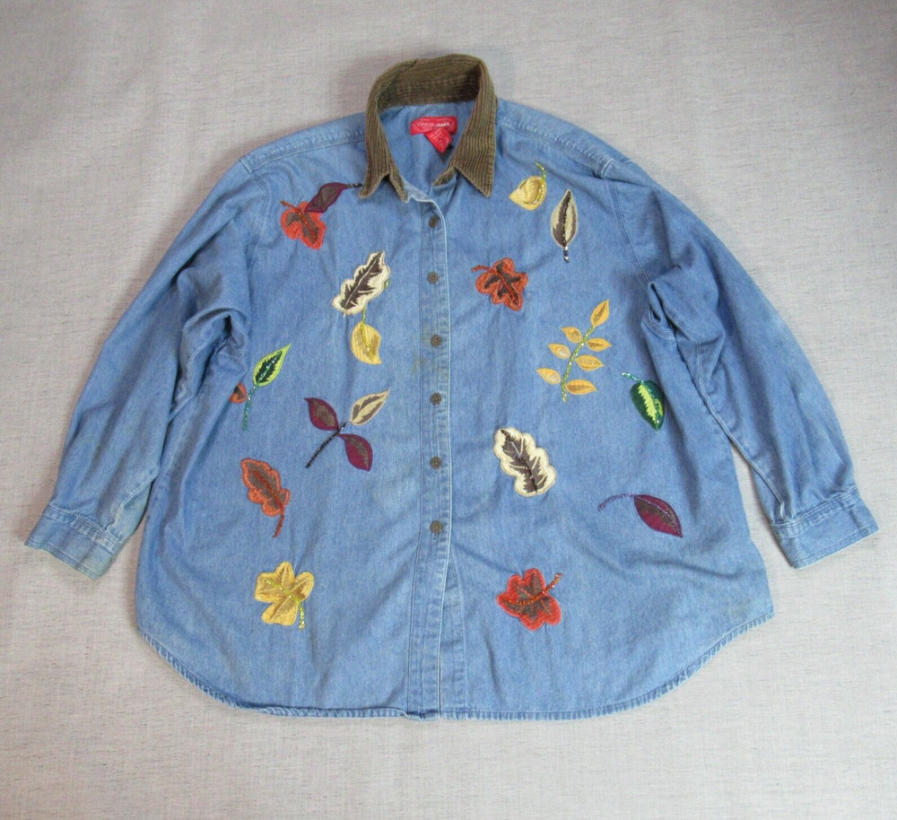Vintage Venezia Vitale Shirt Womens 22/24 Blue Denim Floral Button Granny Core